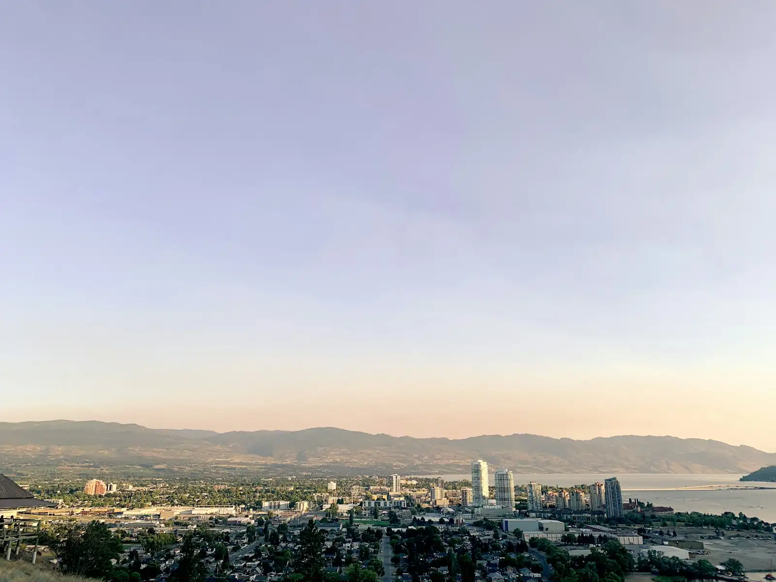 Kelowna's downtown and Okanagan Lake seen from above